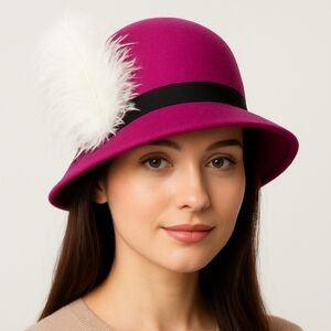 Vintage Bollman Doeskin 100%Wool Felt Hat Fascinator Pink Fuschia Feather Ribbon